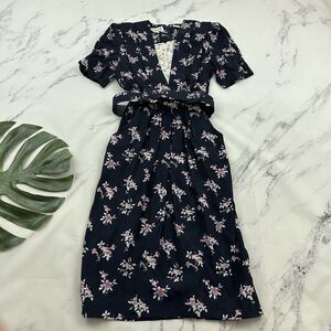Karin Stevens Womens Vintage 90s Midi Dress Size 6 Navy Blue Pink Floral Lace